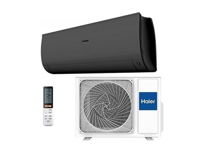 Haier sienas tipa FLEXIS sērijas siltumsūknis un gaisa kondicionieris (melns) 3,5kW komplekts, kas paredzēts 20-40m2